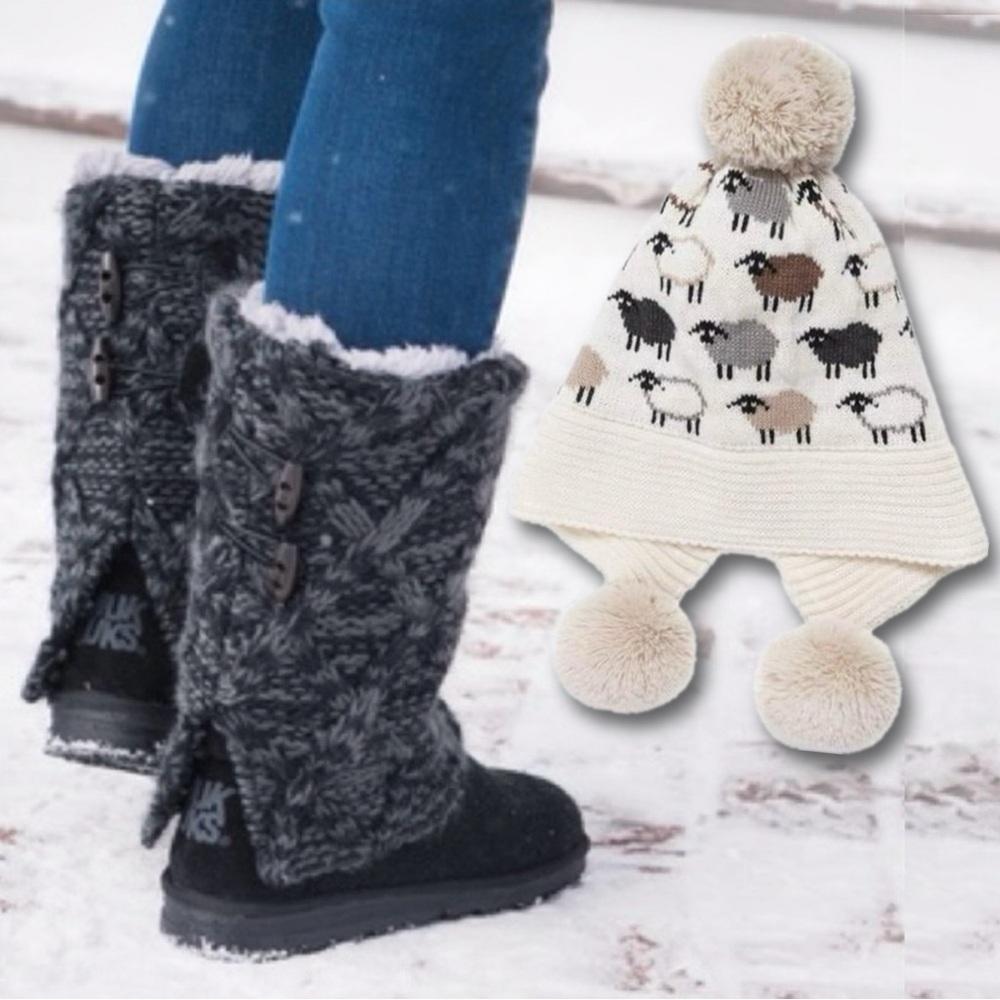 Muk Luks ❄️ Shawna Sweater Knit Boots In Ebony | Sz 9 & Pom Flock O’Sheep Hat